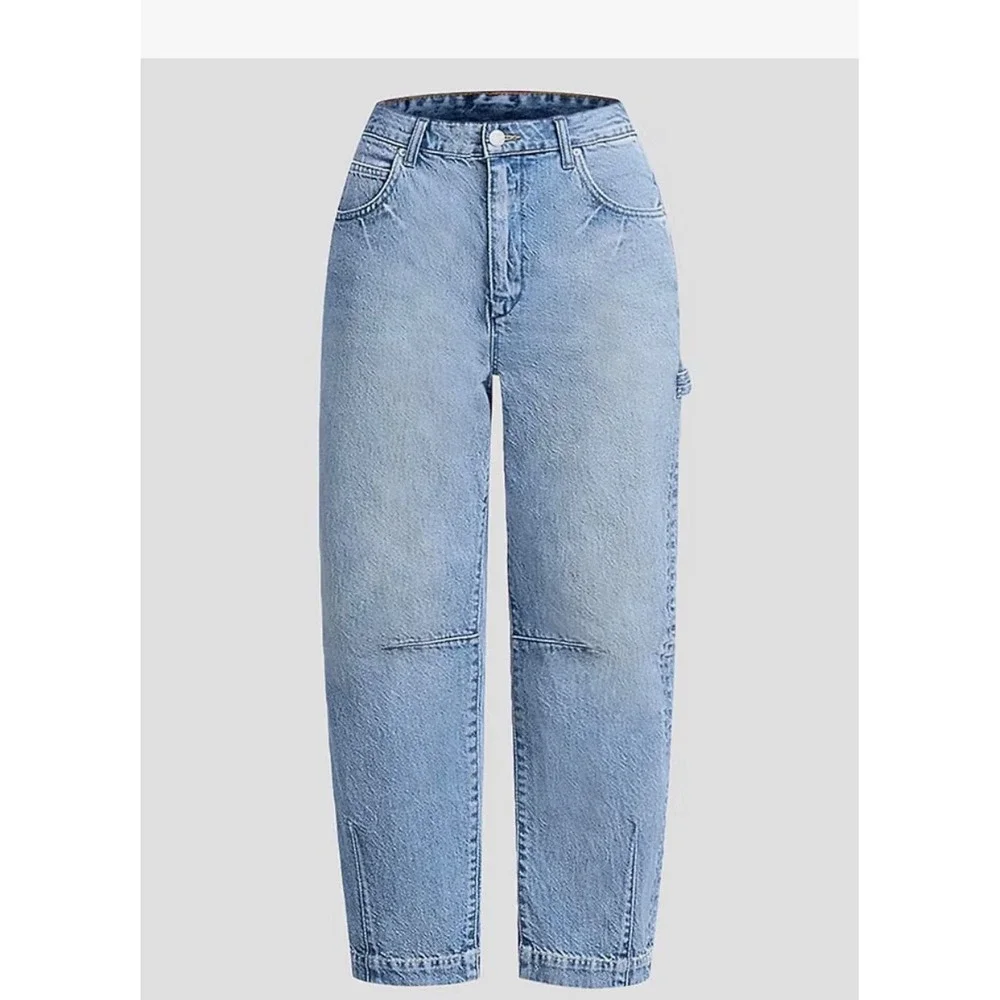 Flamingals Womens High Rise Barrel Cropped Cargo Jeans Light Wash Blue 3XL 16-18